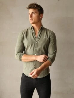 Khaki Striped Slim Fit Summer Shirt - Modena Collection