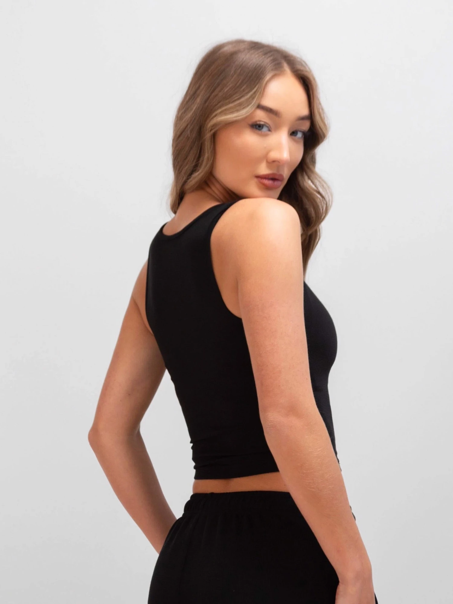 Soft Waffle Vest Top - Black 6 Soft Waffle Vest Top - Black - Image 6