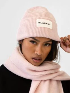 Label Knit Beanie - Marshmallow Pink -Blakely Clothing Store H132PINK 03D