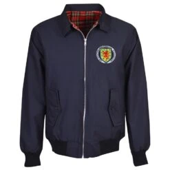 Scotland 1970s Retro Navy Harrington Jacket with Red Tartan Lining