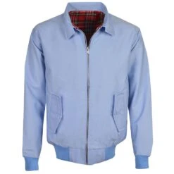 Light Blue Harrington Jacket with Classic Red Tartan Lining