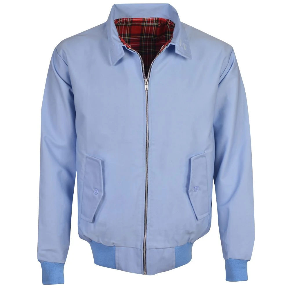 Light Blue Harrington Jacket with Classic Red Tartan Lining 1 Light Blue Harrington Jacket with Classic Red Tartan Lining