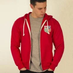 British & Irish Lions 1970s Vintage Rugby Zipped Hoodie - Red